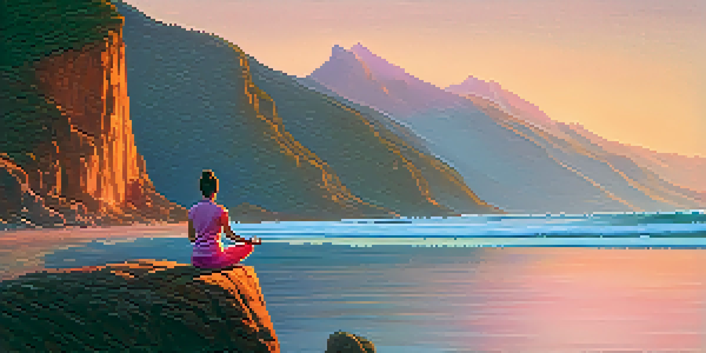 A person practicing yoga on a cliff at sunrise, surrounded by mountains and a calm sea, conveying a sense of peace and resilience.