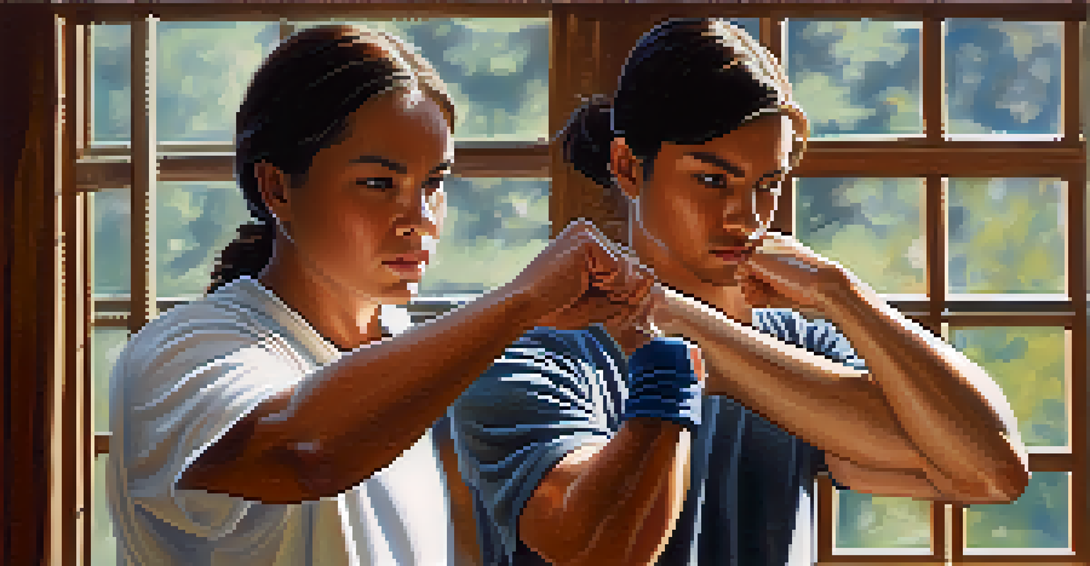 Close-up of two individuals practicing physical restraint techniques in a self-defense training session, showing their hands and focused expressions.