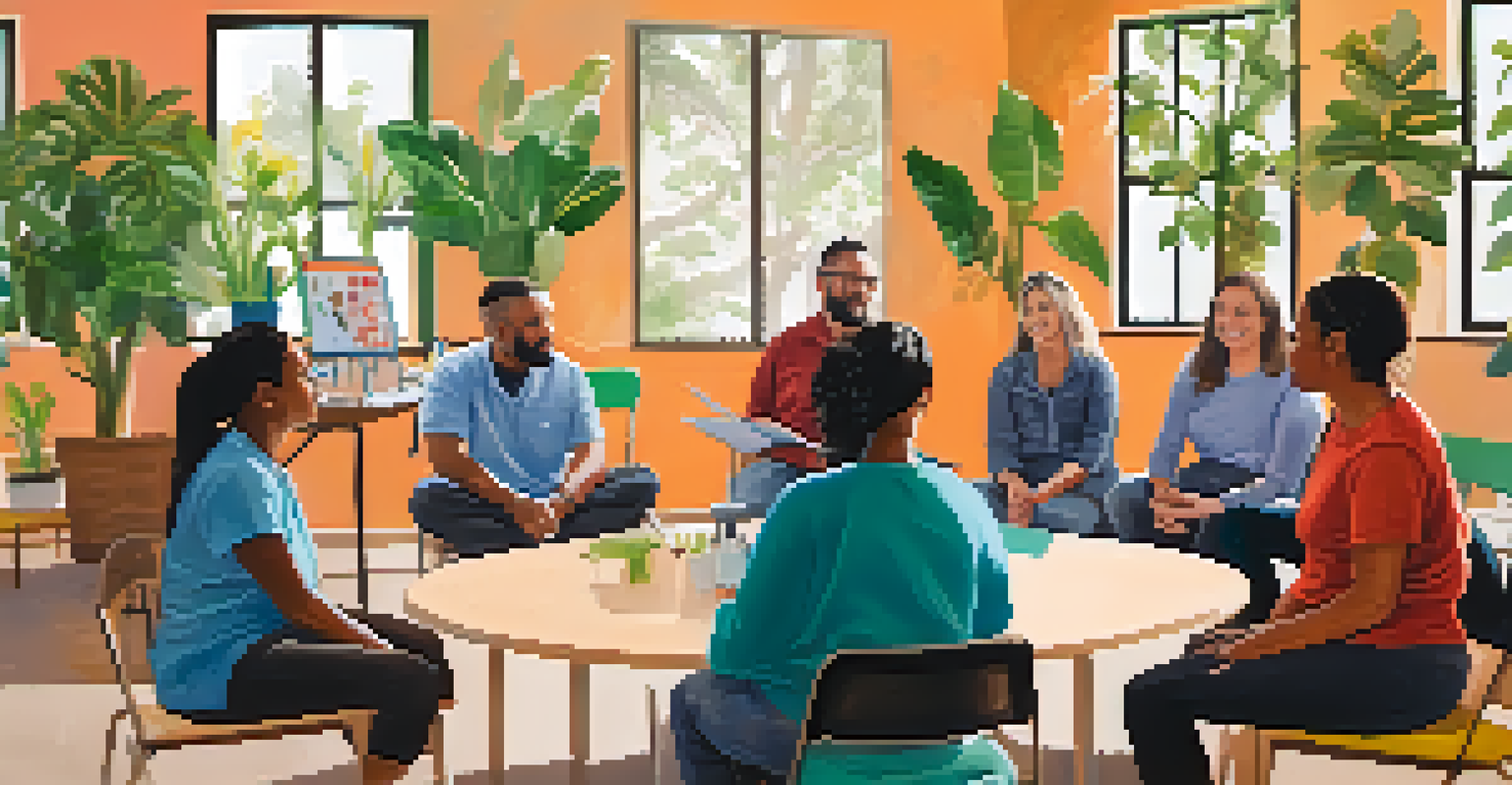A group of caregivers in a workshop setting, discussing safety tips and strategies in a bright community center.