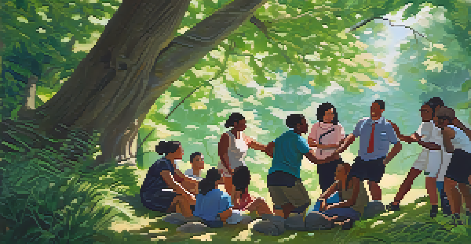 A group of diverse defense professionals engaged in a team-building exercise outdoors, smiling and sharing stories.