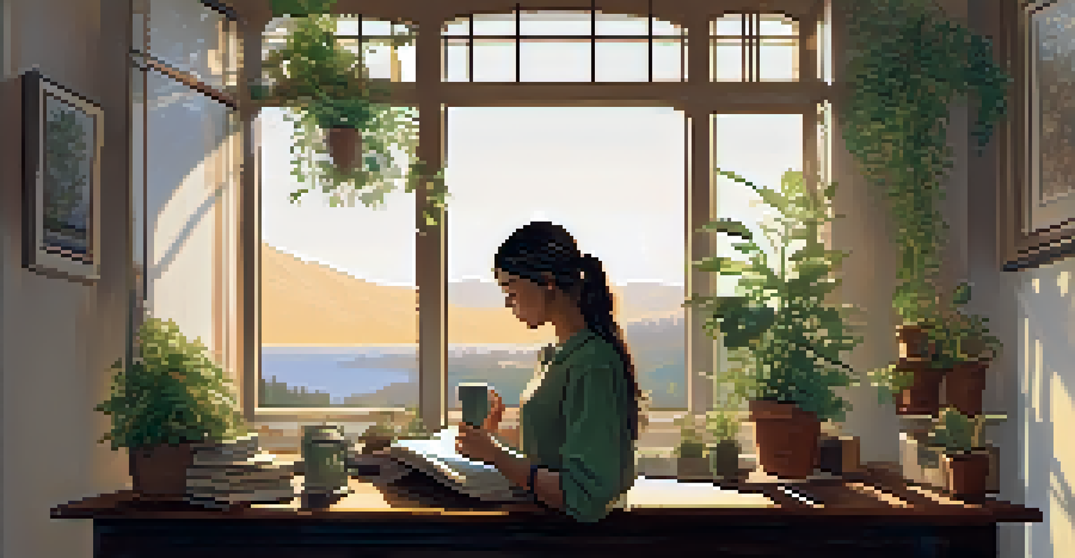 A person journaling at a cozy desk with plants and soft lighting, looking reflective.