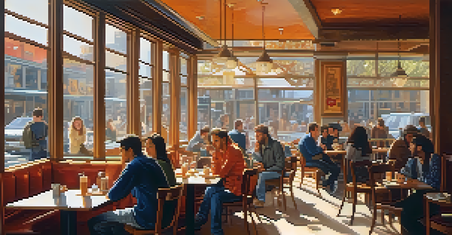 A busy café scene with friends, one looking towards the exit, emphasizing awareness and escape opportunities in daily life.