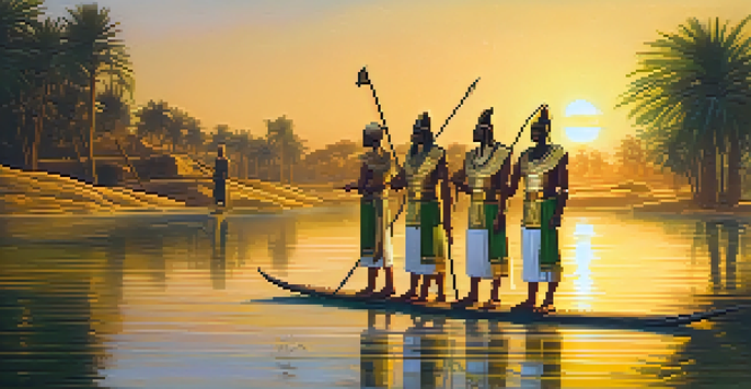 Ancient Egyptian warriors practicing martial arts by the Nile at sunrise, with khopesh swords and traditional garments.