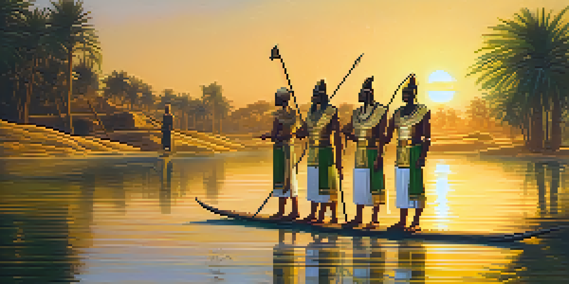 Ancient Egyptian warriors practicing martial arts by the Nile at sunrise, with khopesh swords and traditional garments.