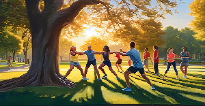 A diverse group of people practicing self-defense techniques in a park during sunset, with vibrant flowers and trees in the background.