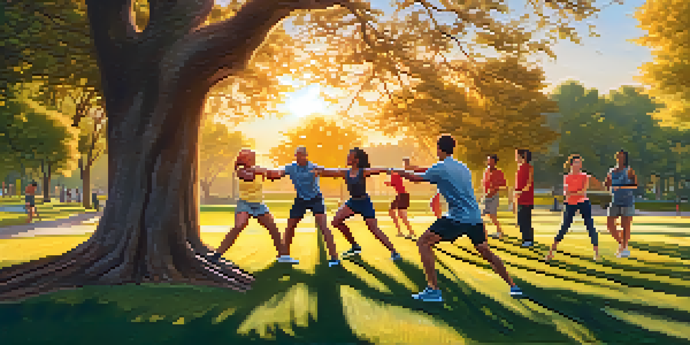 A diverse group of people practicing self-defense techniques in a park during sunset, with vibrant flowers and trees in the background.