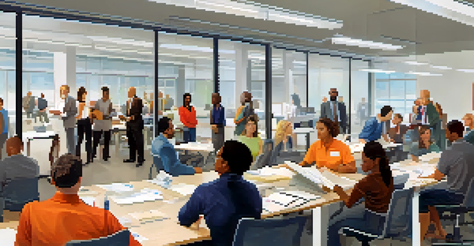 A diverse group of employees participating in a safety training session in a bright office, with visual aids on the walls.