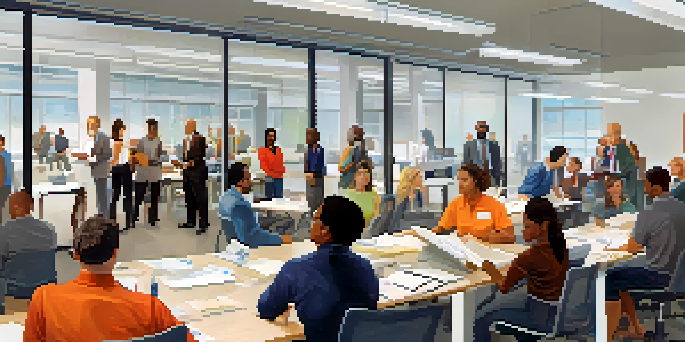 A diverse group of employees participating in a safety training session in a bright office, with visual aids on the walls.