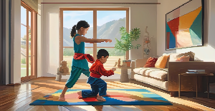 A parent and child practicing self-defense in a cozy living room filled with sunlight and family photos.