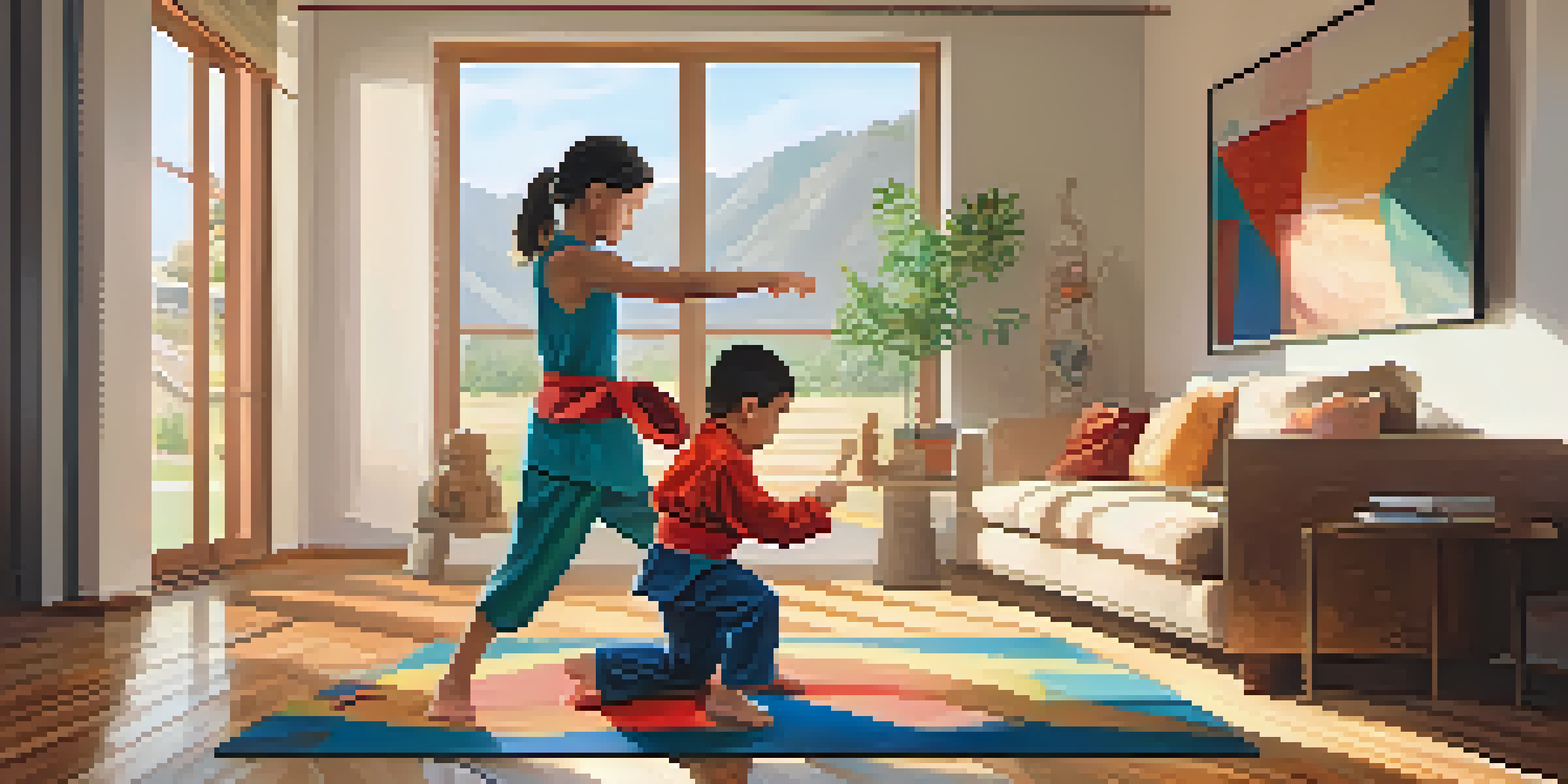 A parent and child practicing self-defense in a cozy living room filled with sunlight and family photos.