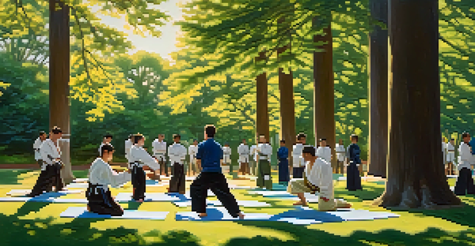 A diverse group practicing self-defense in a sunny park, showcasing empowerment and community spirit.