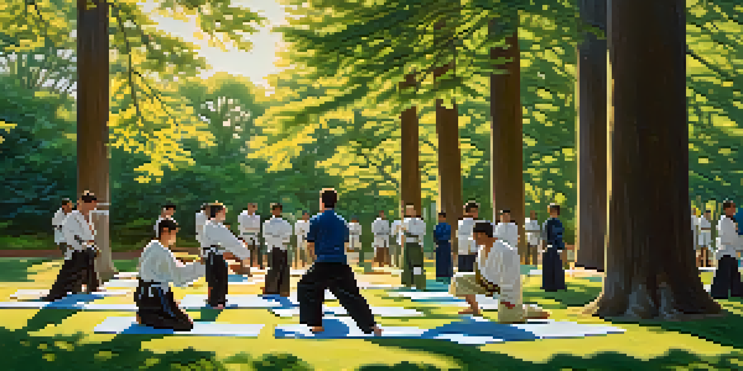 A diverse group practicing self-defense in a sunny park, showcasing empowerment and community spirit.