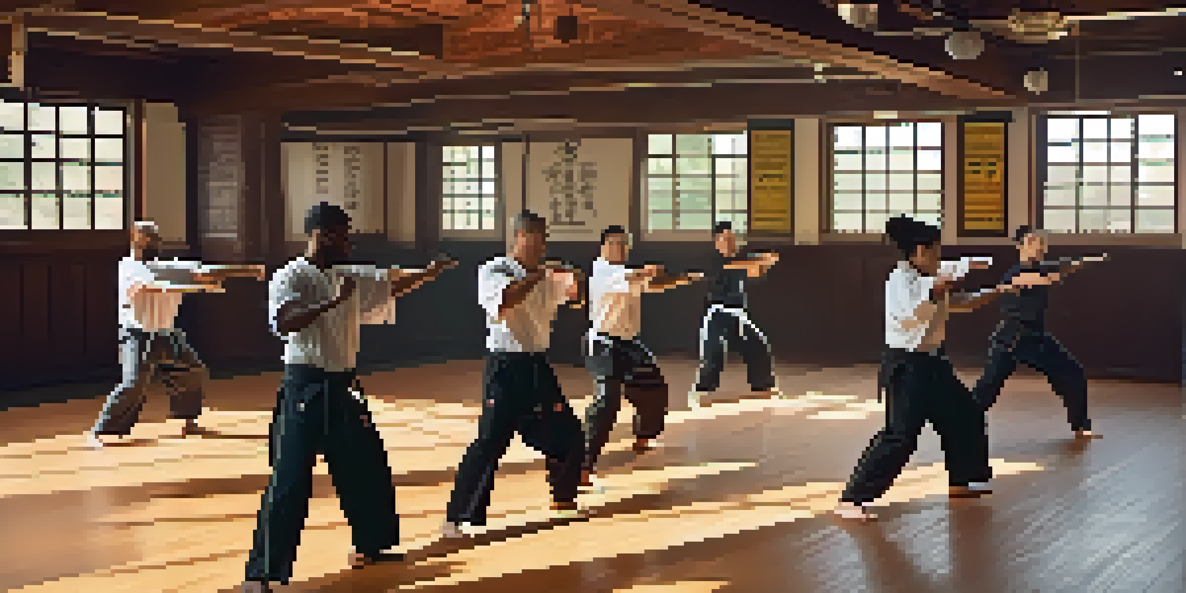 A diverse group of people practicing self-defense in a bright martial arts studio, with motivational posters on the walls.