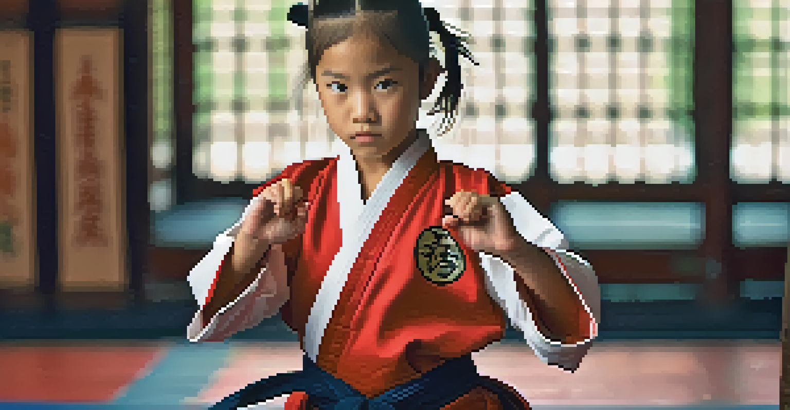 A young girl in a martial arts uniform practicing a stance, displaying determination and focus against a softly lit background.