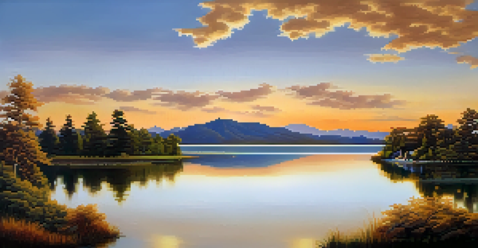 A tranquil lake surrounded by green trees and mountains at sunset, with warm colors reflecting on the water.