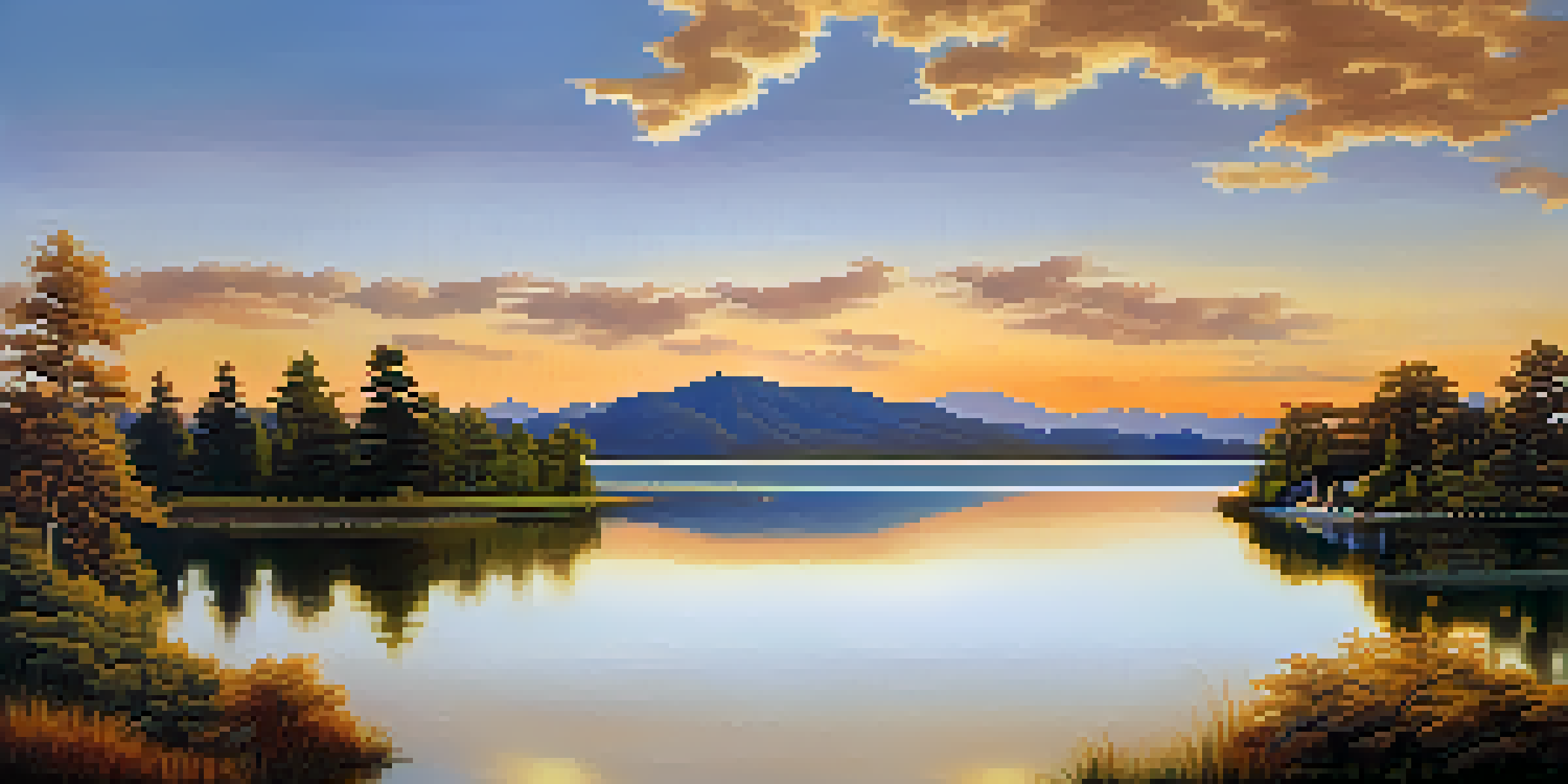 A tranquil lake surrounded by green trees and mountains at sunset, with warm colors reflecting on the water.