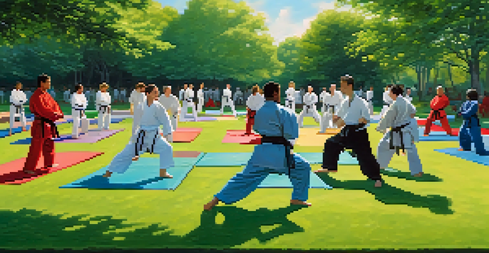 A diverse group of individuals practicing martial arts techniques in a sunlit park with green grass and colorful training mats.