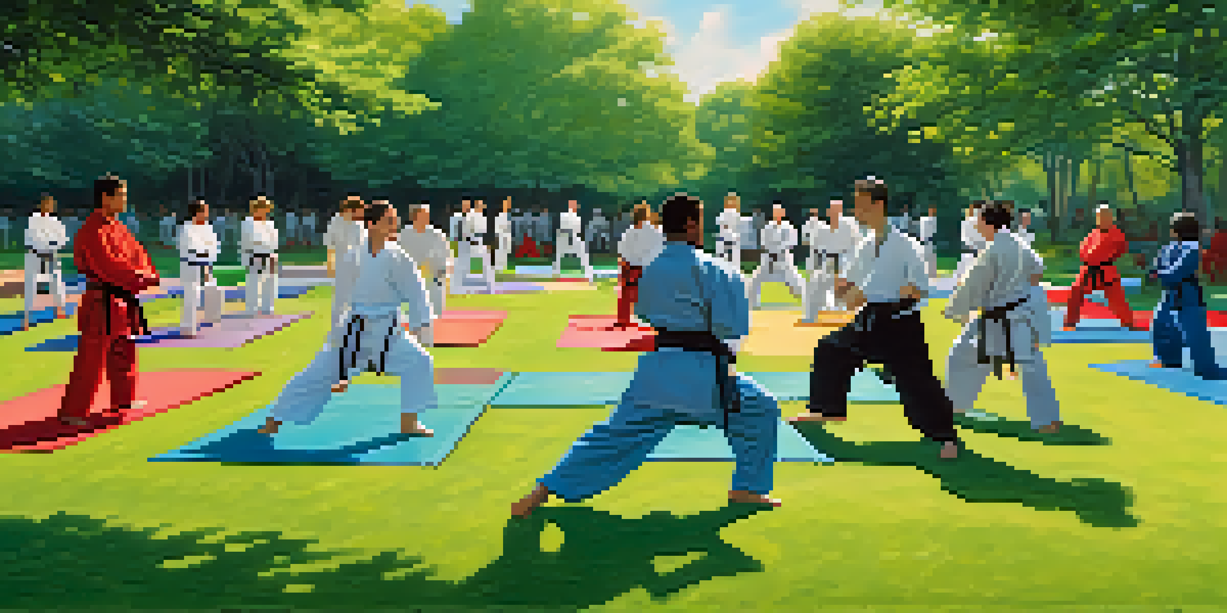 A diverse group of individuals practicing martial arts techniques in a sunlit park with green grass and colorful training mats.