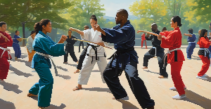A diverse group of people engaged in an outdoor self-defense training class, practicing martial arts techniques under a bright blue sky.