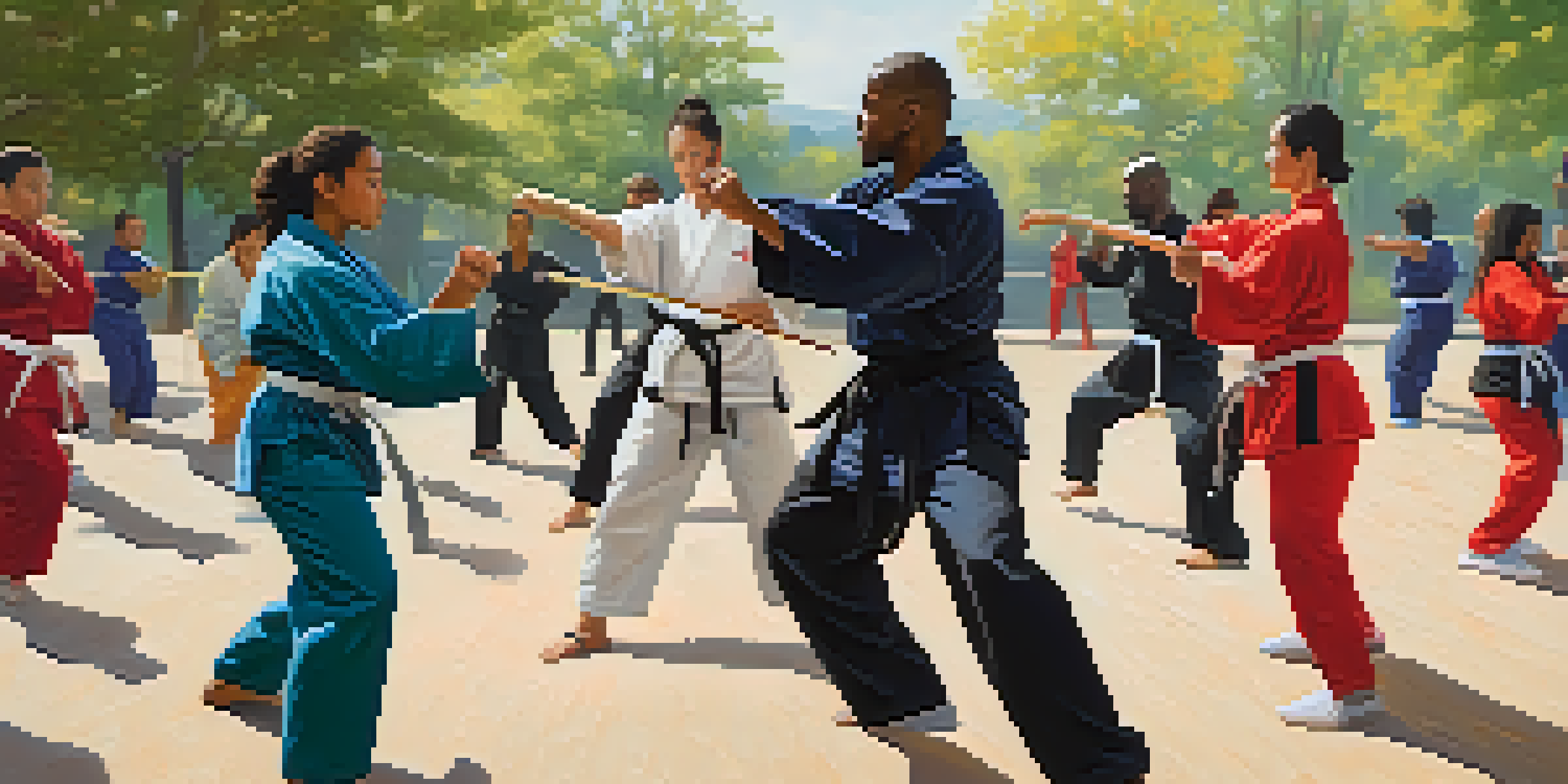 A diverse group of people engaged in an outdoor self-defense training class, practicing martial arts techniques under a bright blue sky.