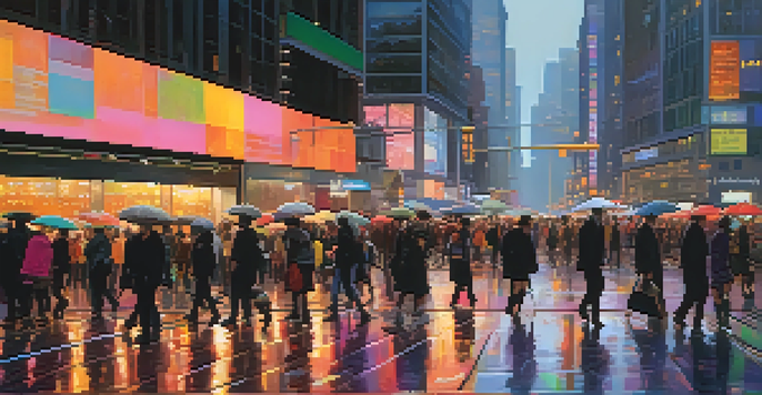 A vibrant urban street scene at dusk with diverse pedestrians and tall skyscrapers, reflecting neon lights on the wet pavement.