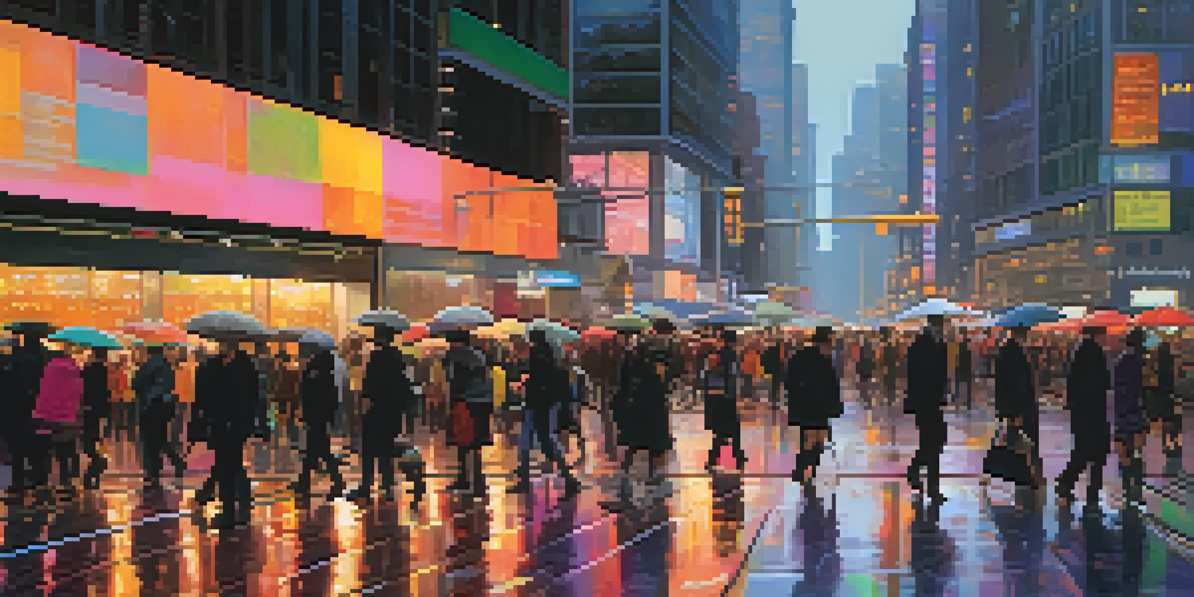 A vibrant urban street scene at dusk with diverse pedestrians and tall skyscrapers, reflecting neon lights on the wet pavement.