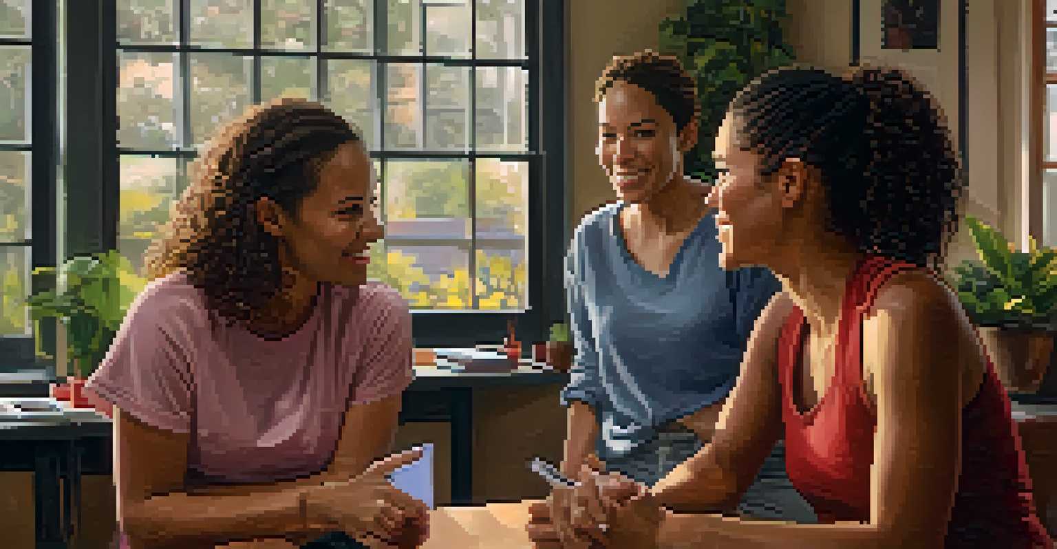 A group of women sharing self-defense tips and techniques in a cozy indoor setting, showing camaraderie.