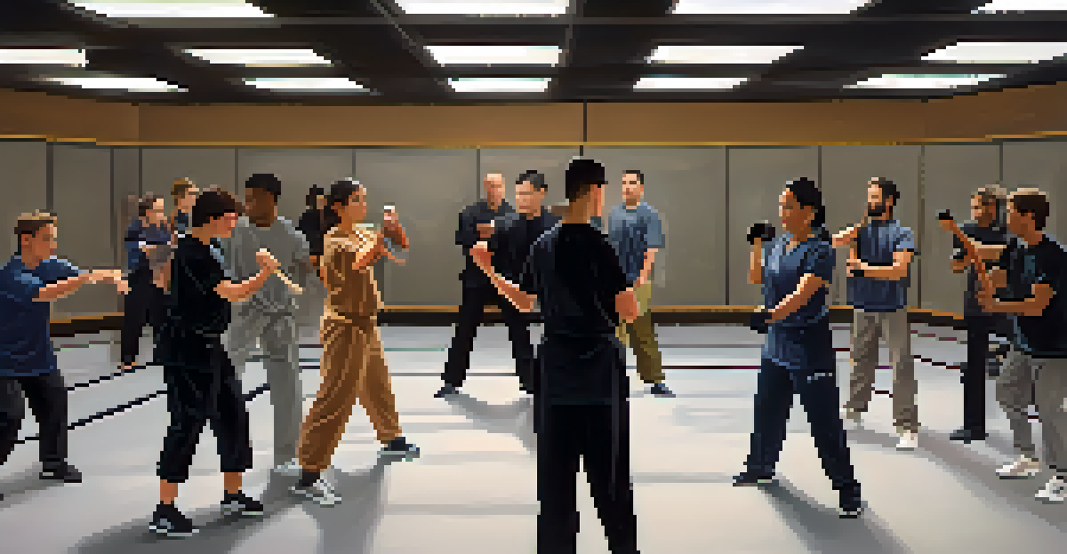 A group of individuals practicing self-defense techniques in a well-lit training room with mats and mirrors.
