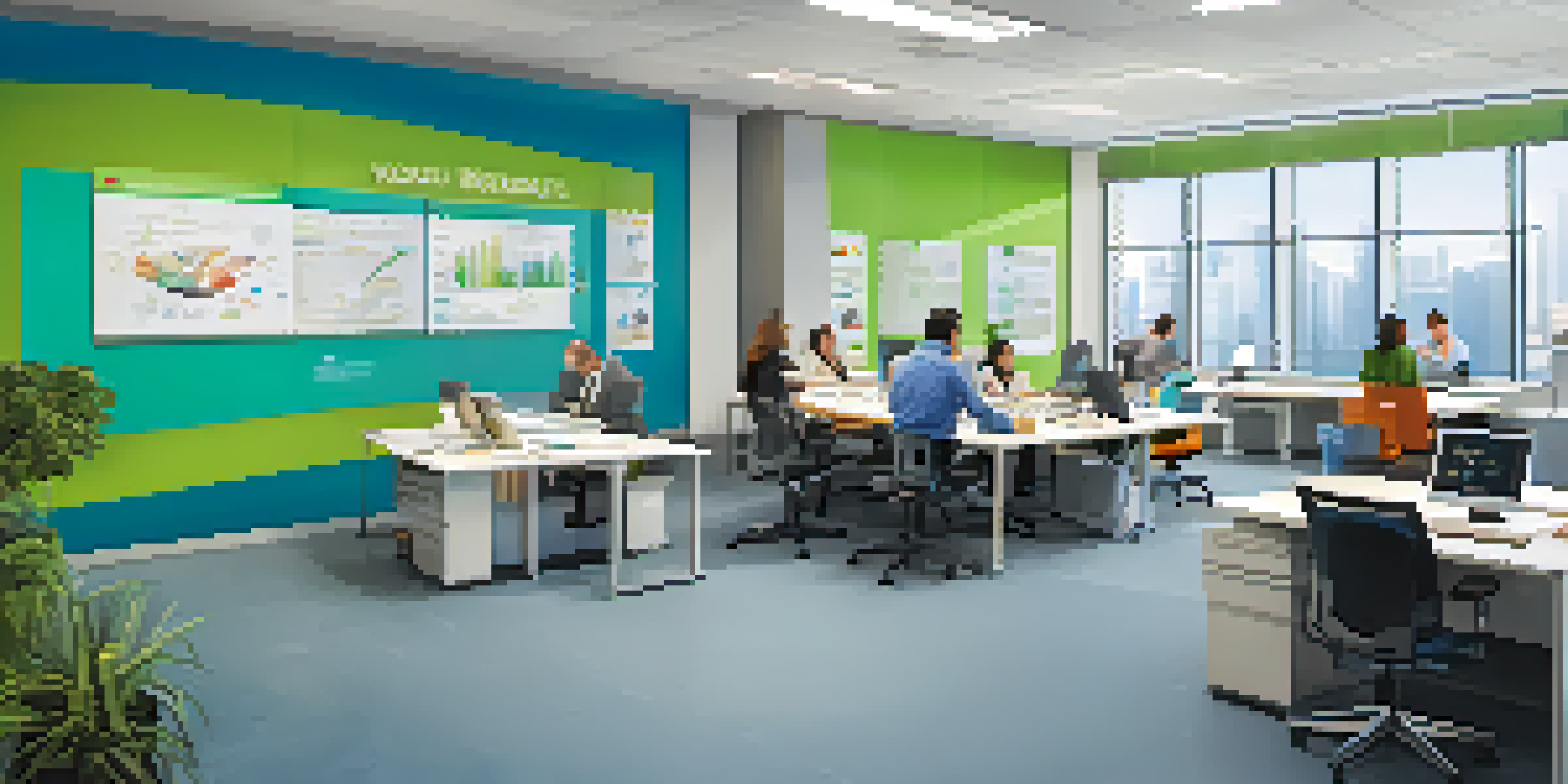 A modern office showing employees engaged in a safety training session with ergonomic furniture and safety signage.