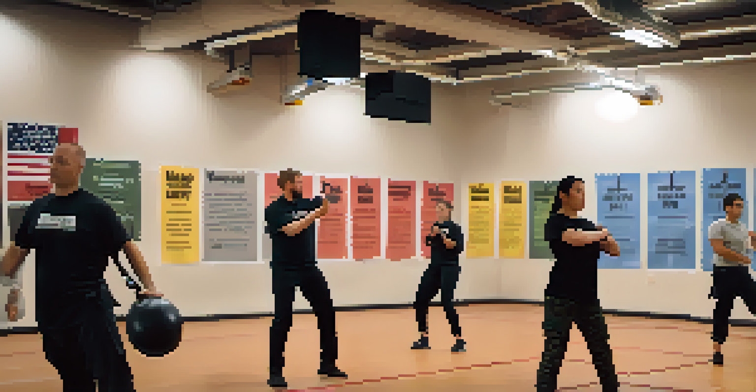 A self-defense class in a well-lit room where a trainer demonstrates techniques with a tactical flashlight, and attentive students observe.