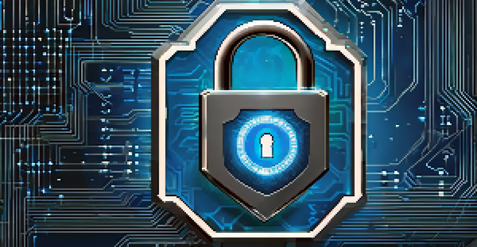 A digital lock and shield representing online safety against a blue circuit board background.