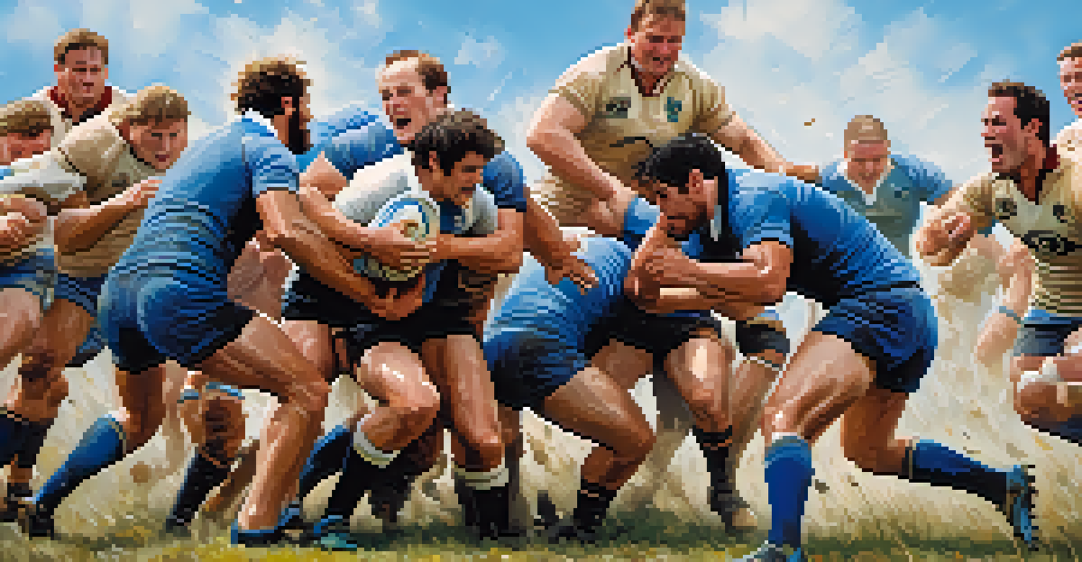 Rugby players in action during a tackle on a muddy field, showcasing teamwork and physical conditioning.