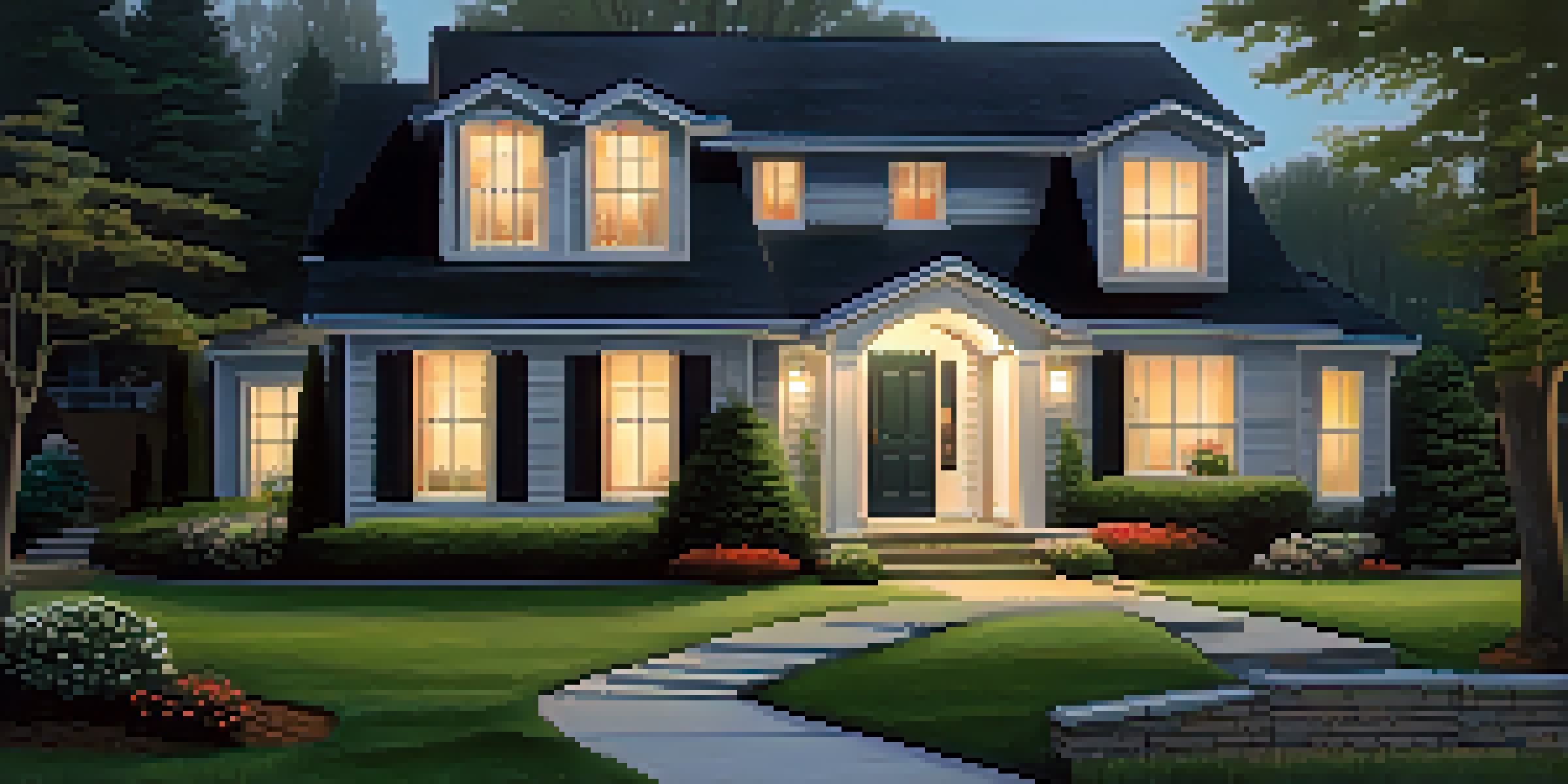 A suburban home with secure doors and windows, well-lit pathways, and a neat front yard.