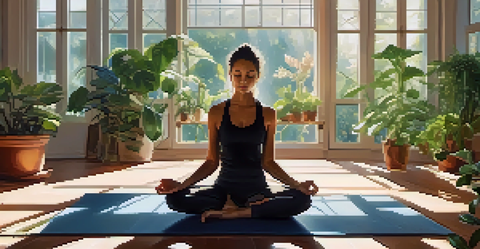 A person meditating on a yoga mat in a sunlit room, surrounded by plants, visualizing self-defense scenarios.