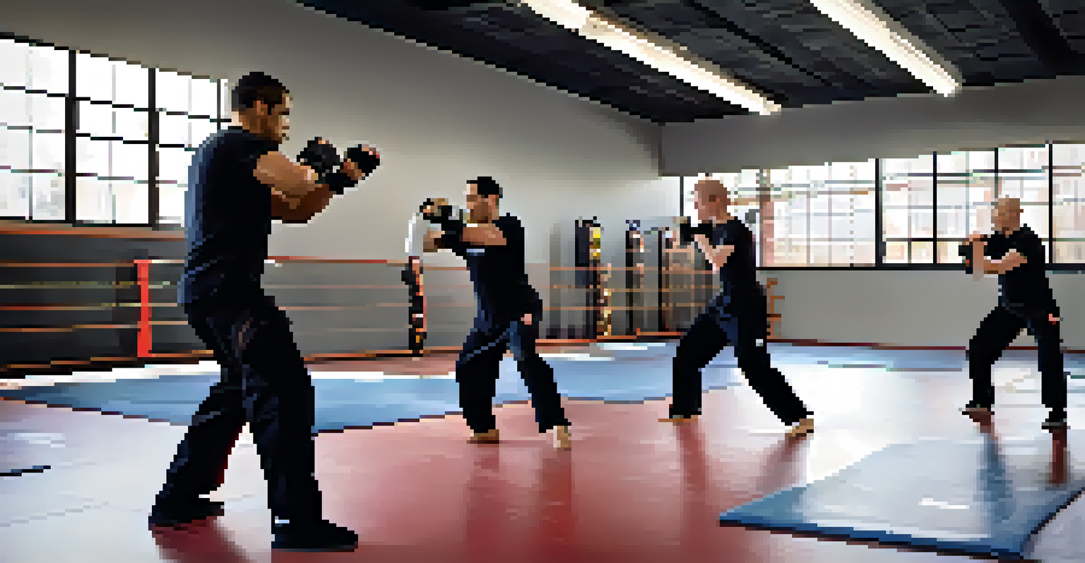 A diverse group of practitioners training in a Krav Maga dojo, showcasing self-defense techniques.