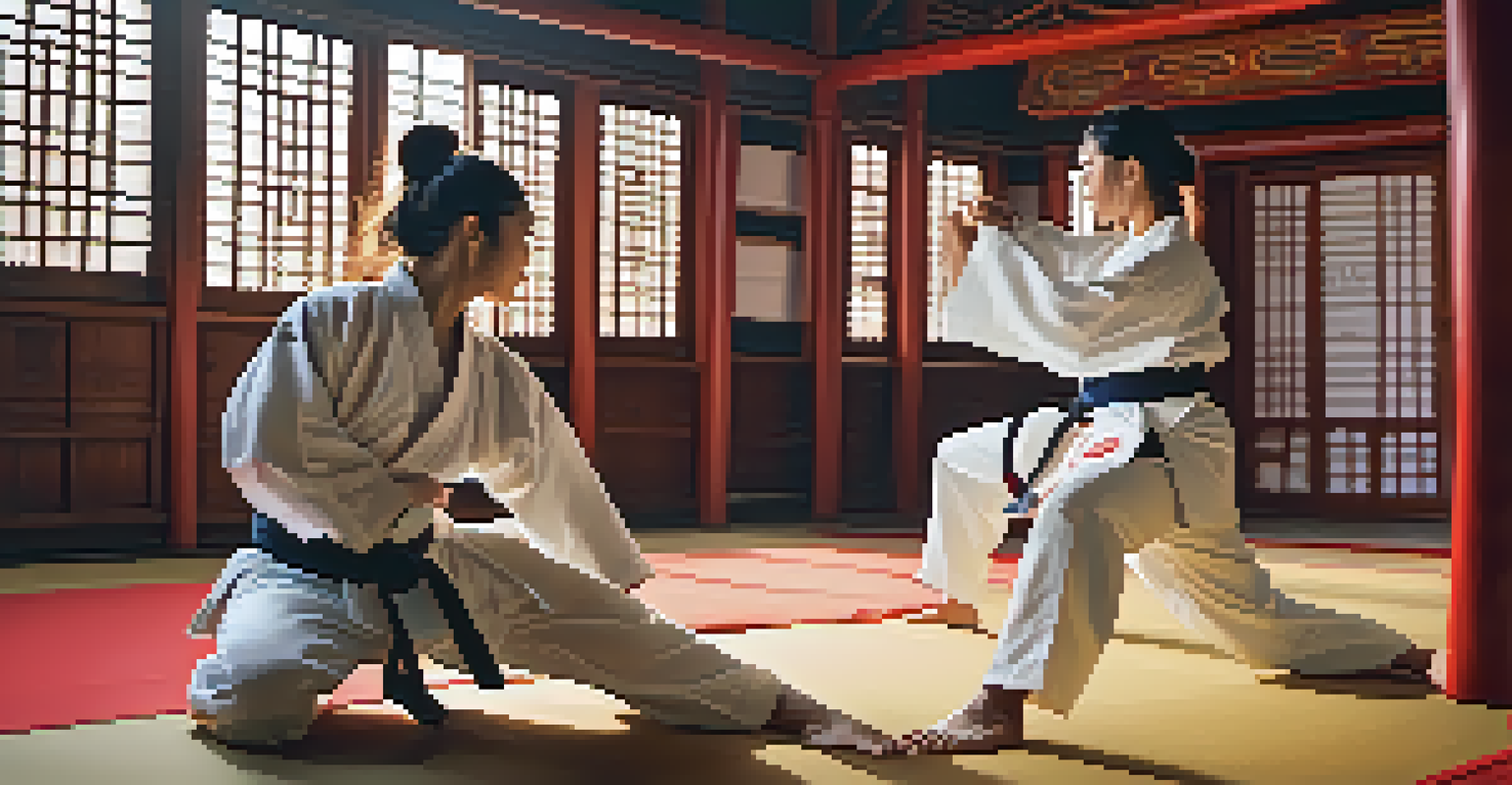 A couple practicing self-defense techniques on a mat in a dojo, showcasing teamwork and focus.
