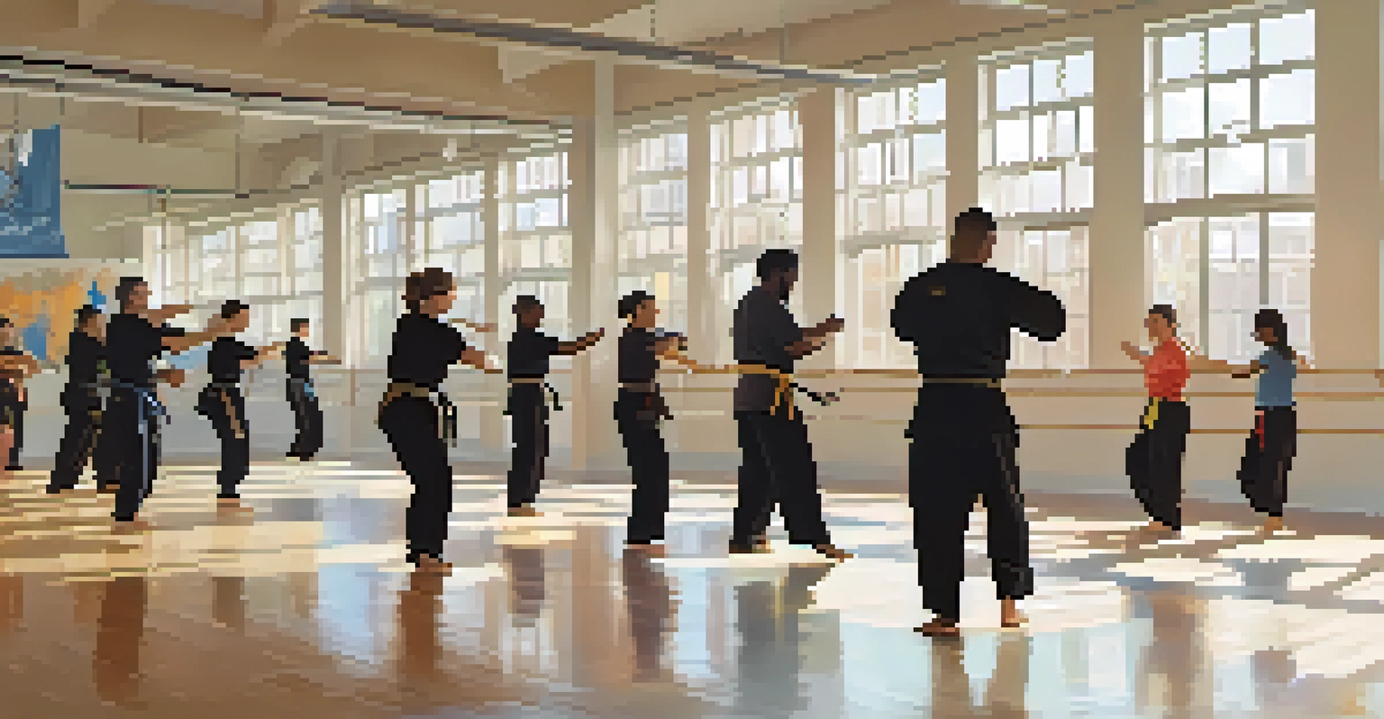 A self-defense class in a bright studio with diverse participants practicing martial arts techniques.