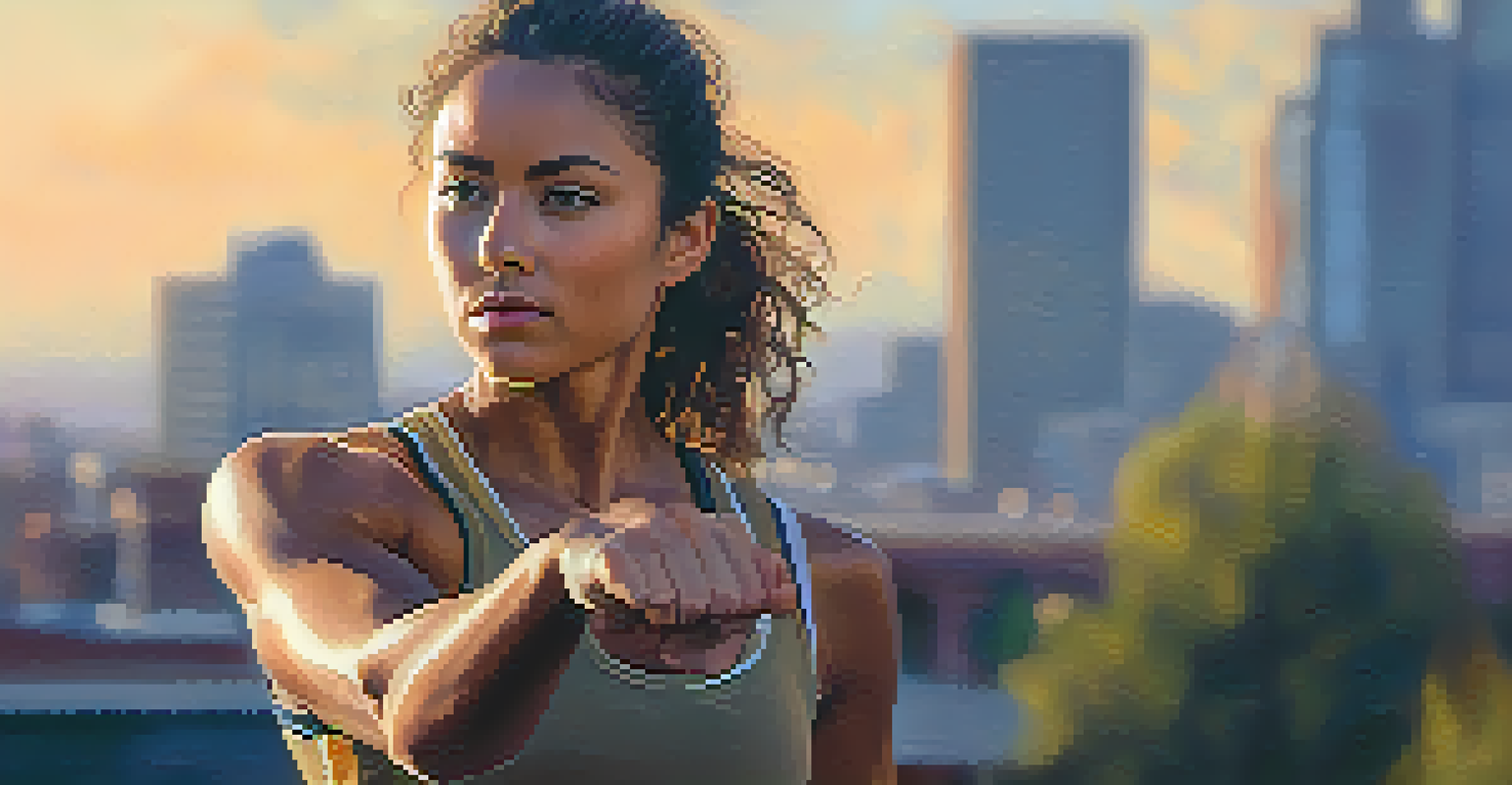 A person in a self-defense stance outdoors, exuding confidence with a city backdrop.