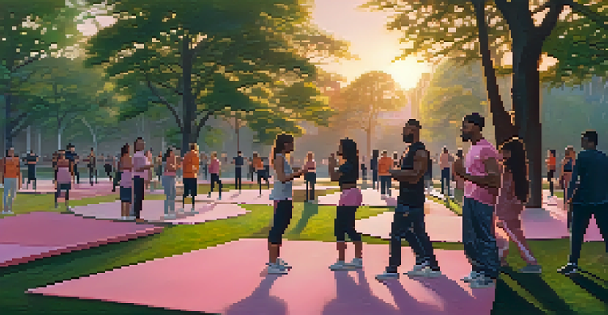 A diverse group of individuals practicing self-defense in an urban park at sunset, surrounded by trees and warm colors.