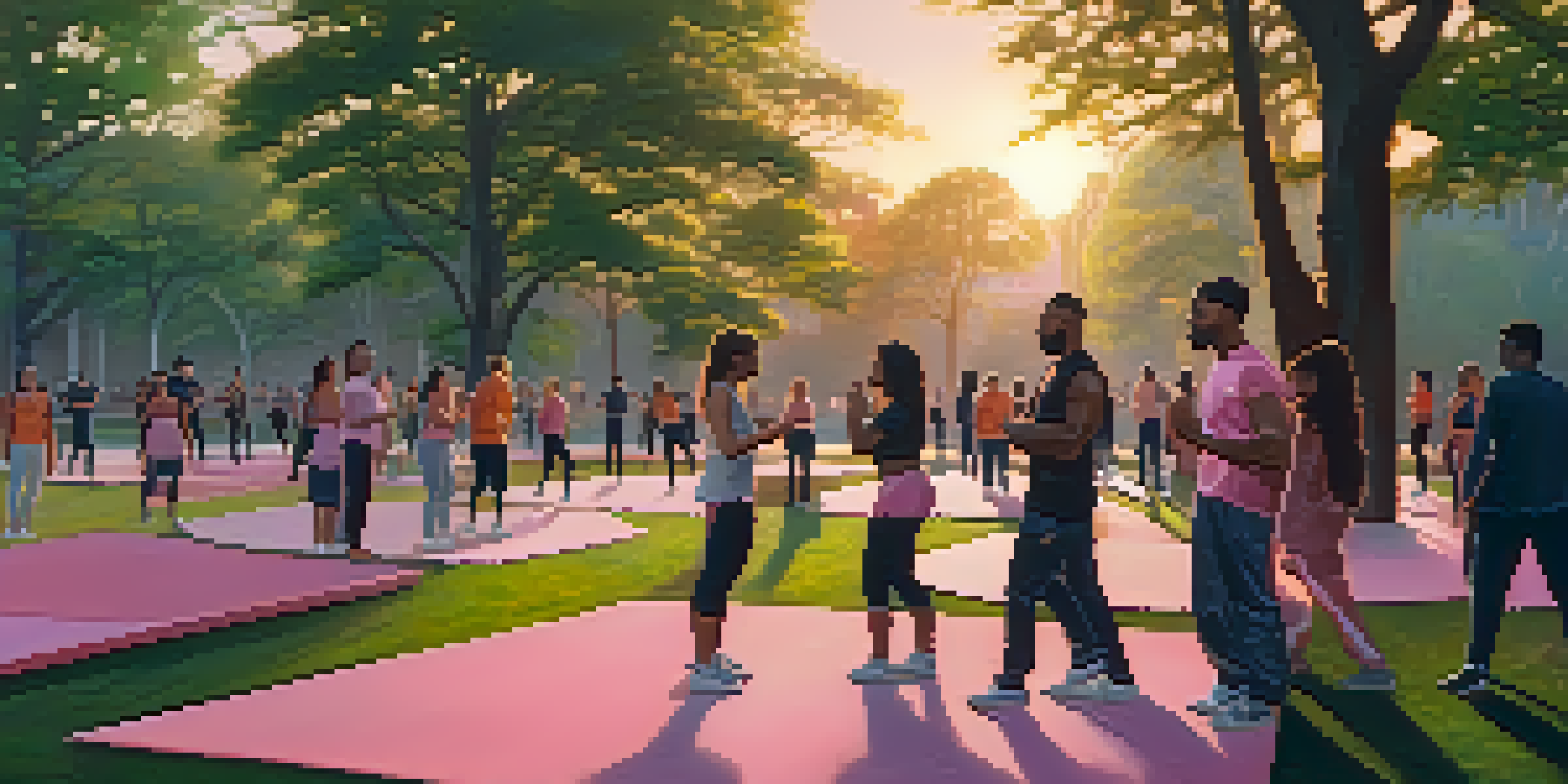 A diverse group of individuals practicing self-defense in an urban park at sunset, surrounded by trees and warm colors.