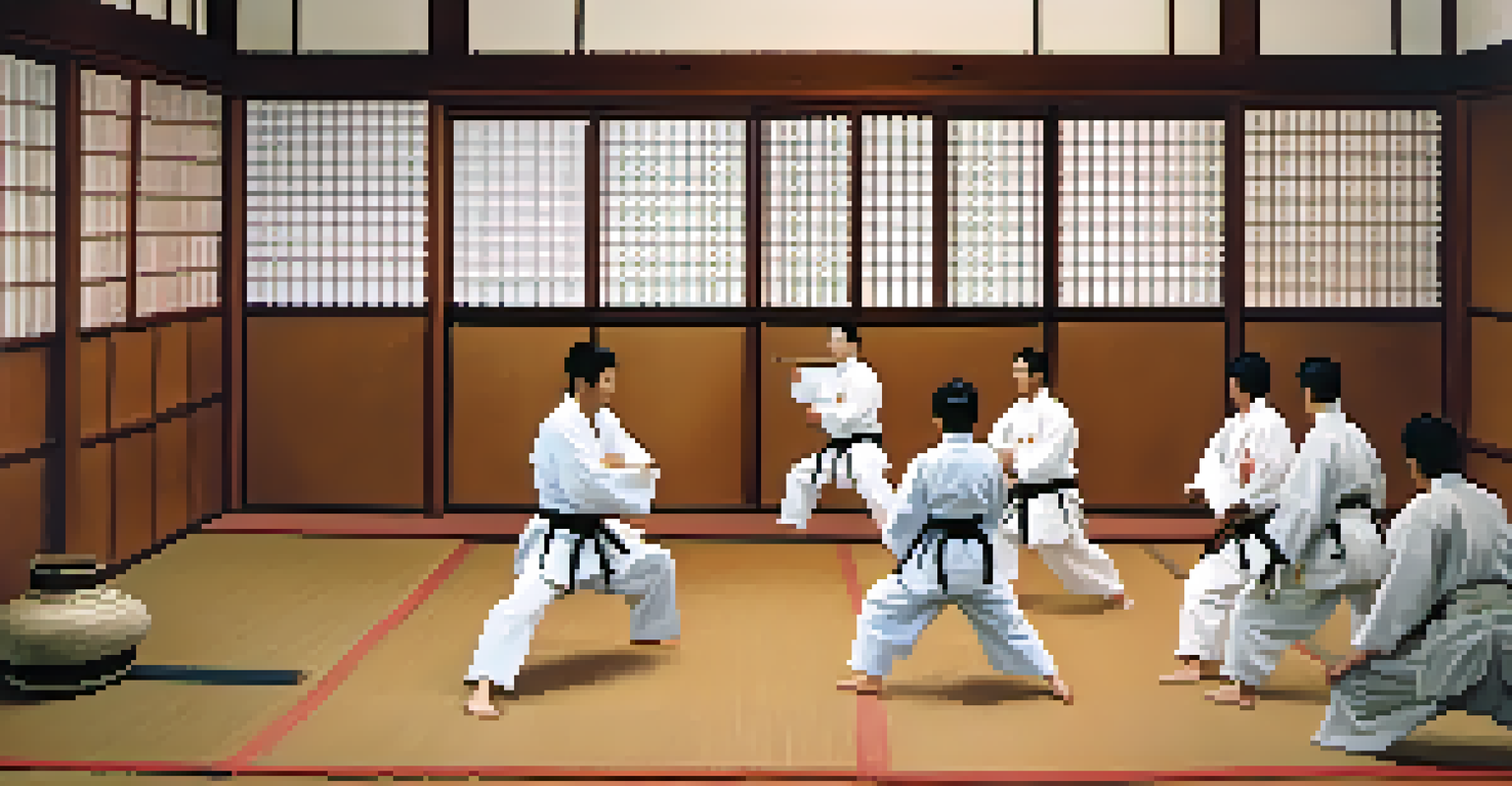 A traditional dojo with a sensei demonstrating martial arts movements while students observe attentively.