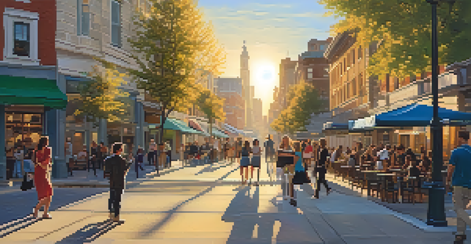 A lively urban street filled with people during sunset, featuring a musician and a couple at an outdoor cafe.