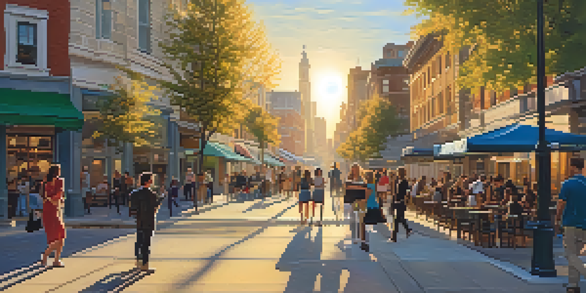 A lively urban street filled with people during sunset, featuring a musician and a couple at an outdoor cafe.