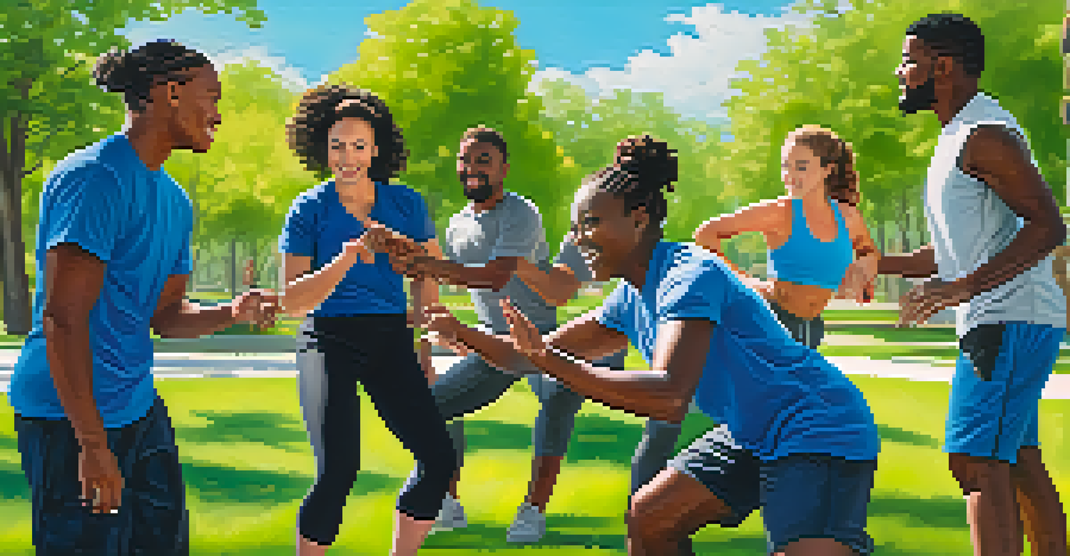 A diverse group of people practicing self-defense outdoors in a park, led by an enthusiastic trainer.