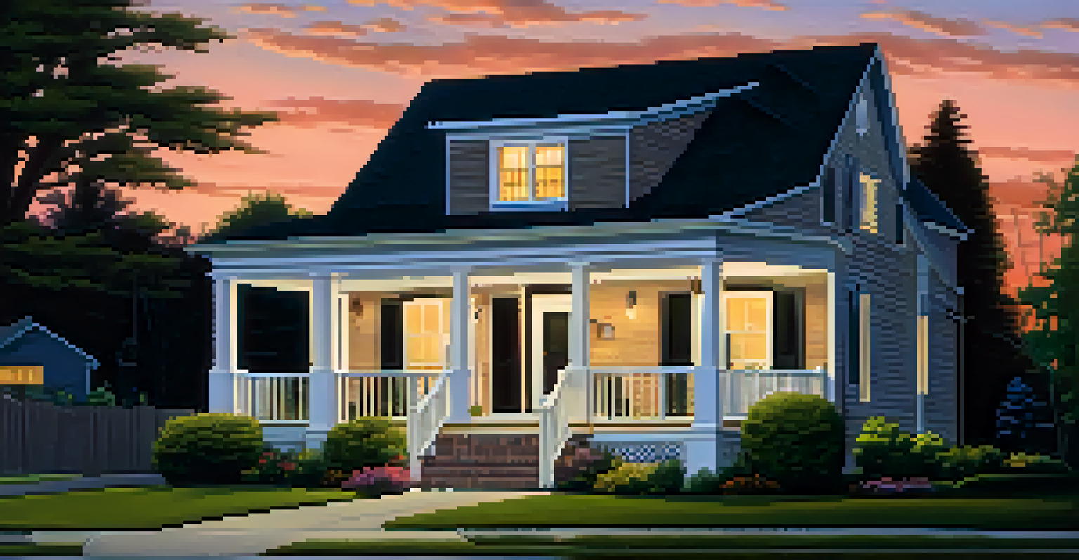 A suburban house at dusk with visible security features, creating a sense of safety and protection.