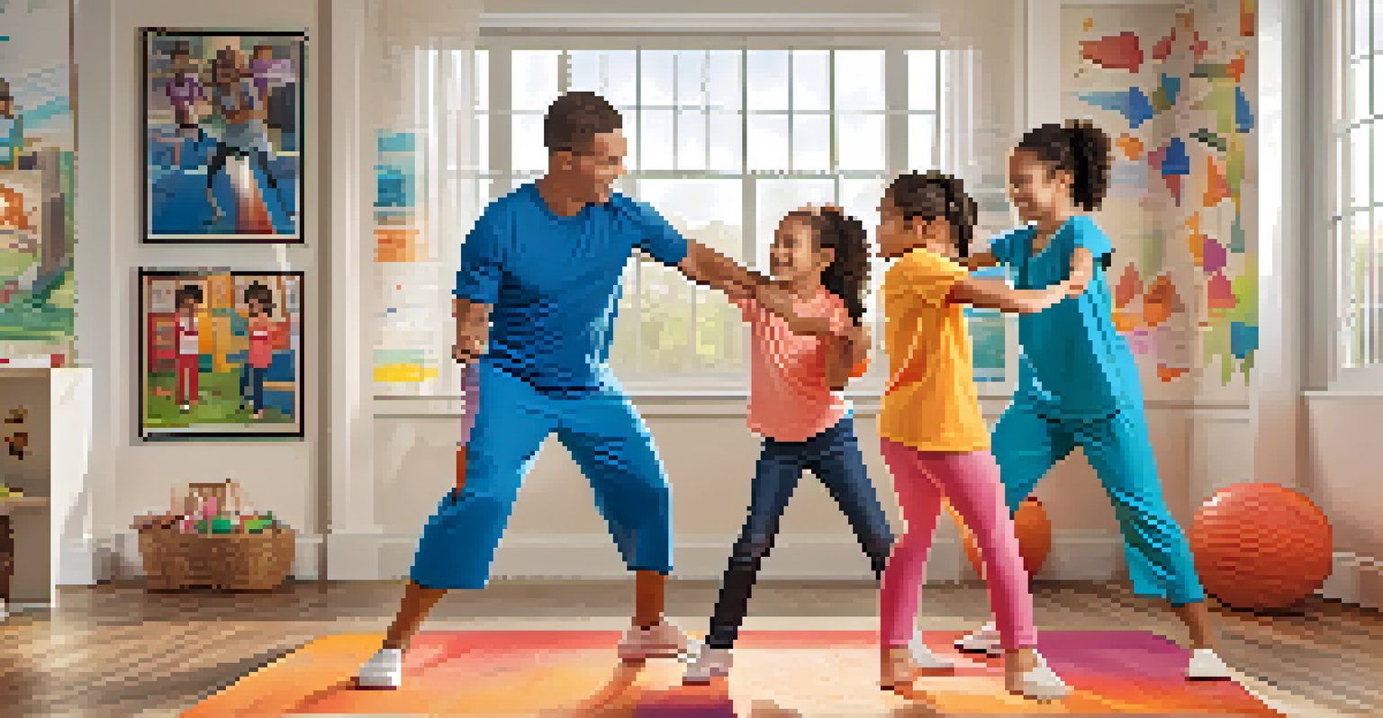 A family of four enjoying a self-defense training session together in a brightly decorated gym.