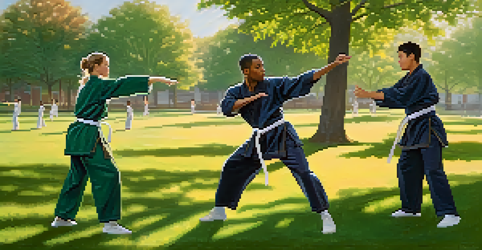 A self-defense instructor teaching a technique to students in a sunny outdoor park.