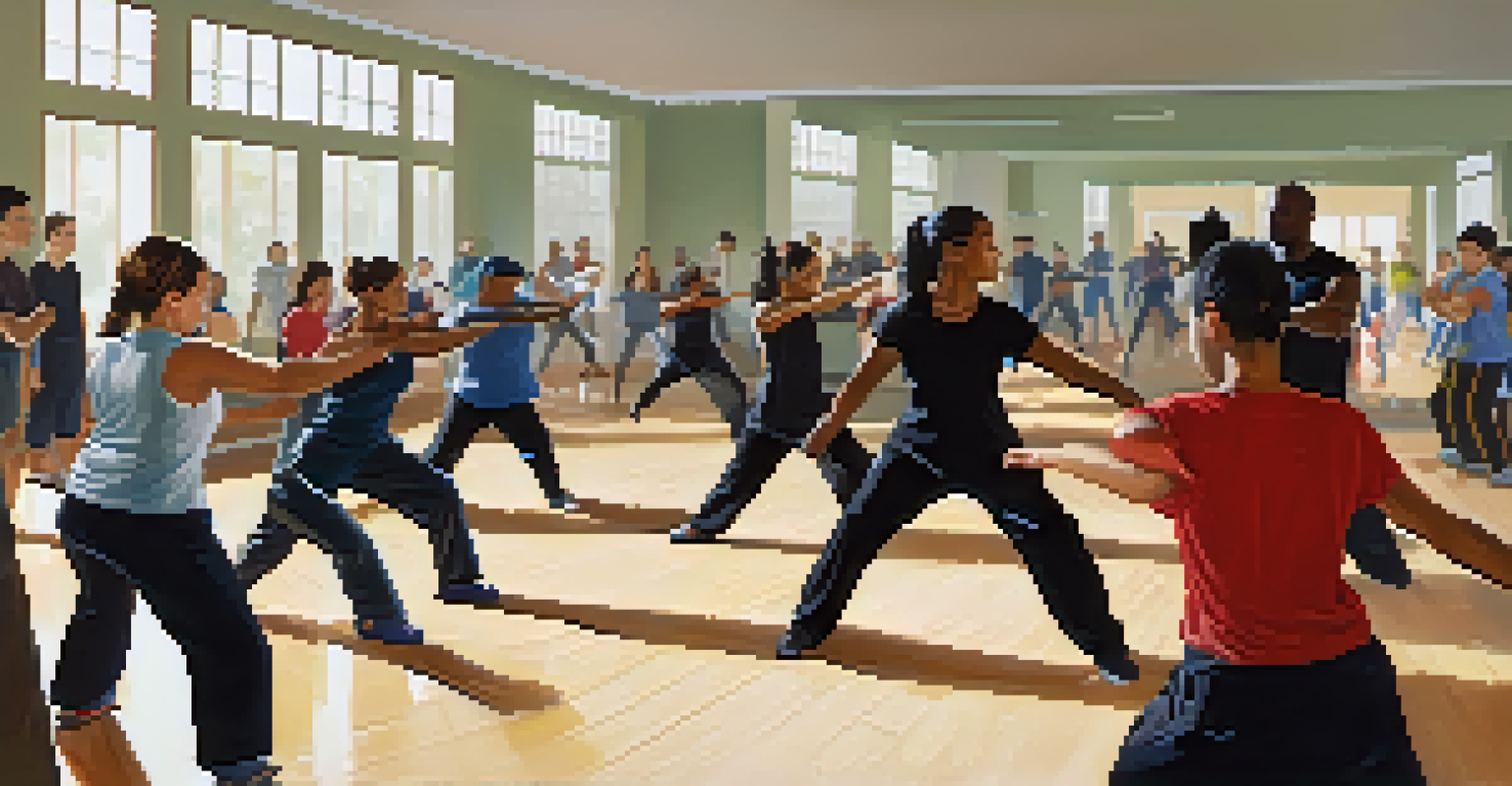 A diverse group of individuals learning self-defense techniques in a bright workshop.
