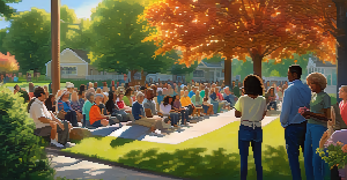 A diverse group of community members meeting in a park to discuss safety, surrounded by trees and flowers under soft sunlight.