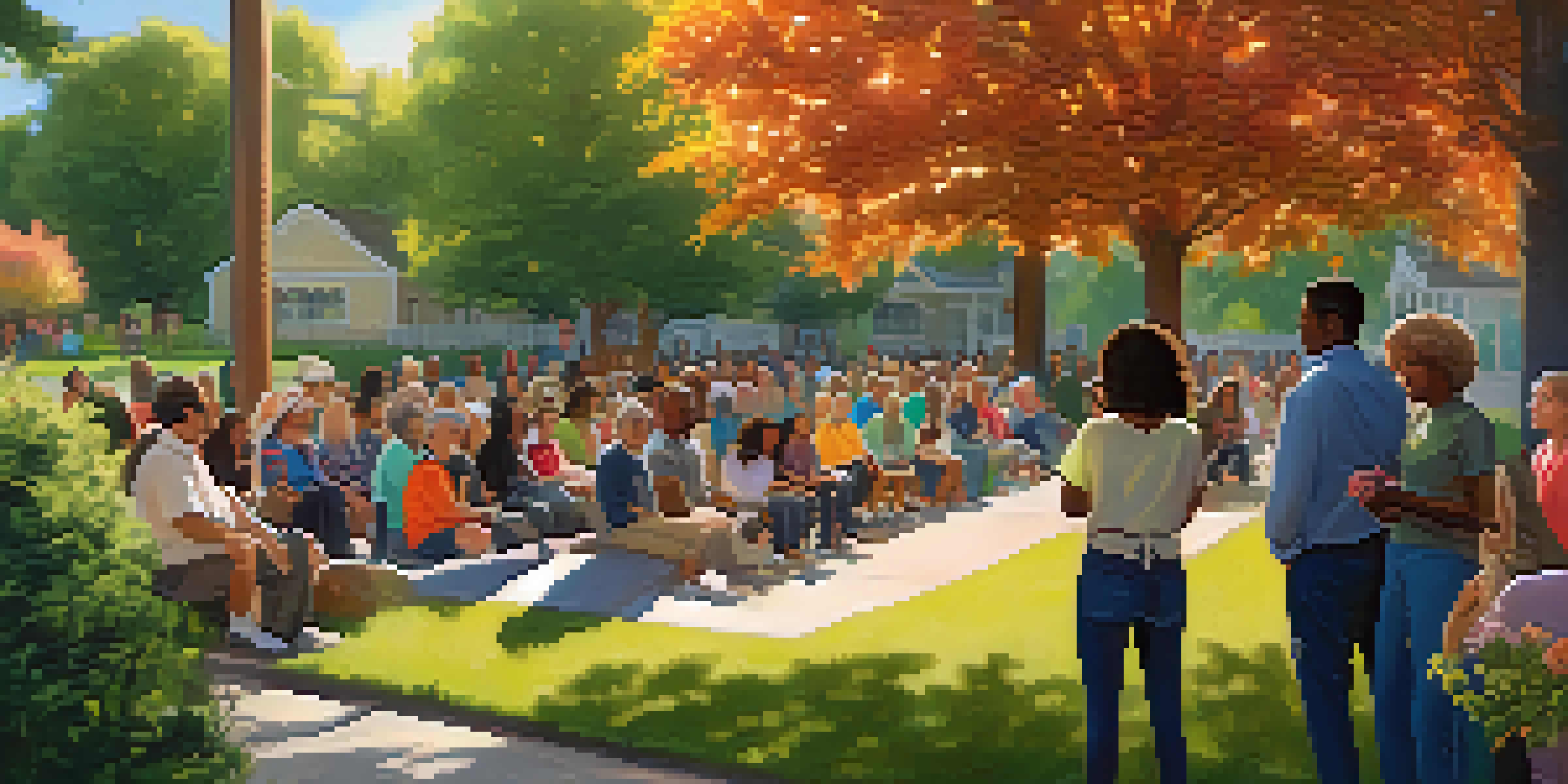 A diverse group of community members meeting in a park to discuss safety, surrounded by trees and flowers under soft sunlight.